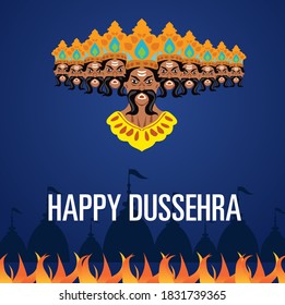 Happy Dussehra greeting card design with bow arrow, ravana