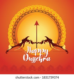 Happy Dussehra greeting card design with bow arrow, ravana