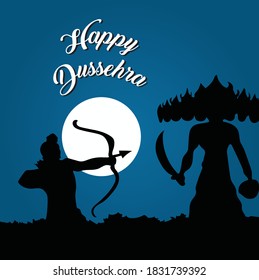 Happy Dussehra greeting card design with bow arrow, ravana