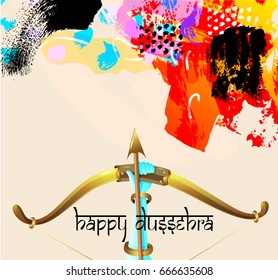 happy dussehra greeting card with krishna bow with arrow and hand lettering inscription on painting brush abstract background, vector illustration
