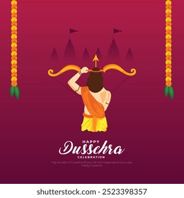 Happy Dussehra Greeting Card and Post. Hindu Festival Vijayadashami Celebration of Lord Rama Killing Ravana Vector Illustration