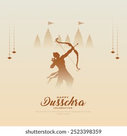 Tarjeta de felicitación y post feliz de Dussehra. Festival hindú Vijayadashami Celebración del asesinato del Señor Rama Ilustración vectorial Ravana