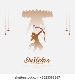 Tarjeta de felicitación y post feliz de Dussehra. Festival hindú Vijayadashami Celebración del asesinato del Señor Rama Ilustración vectorial Ravana