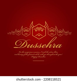 Happy dussehra greetings in golden text. Hexagon Ravan illustration.