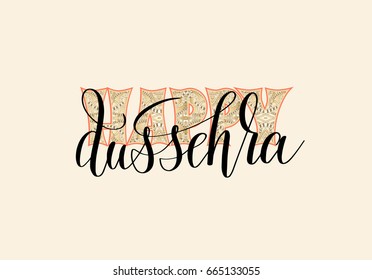 happy dussehra hand lettering typography inscription to indian holiday, vector illustration 