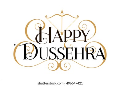 Happy Dussehra. Handwritten modern brush black text, gold swirl, white background. Beautiful lettering invitation, greeting, prints, posters. Typographic inscription, calligraphic design vector