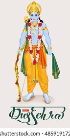 Happy dussehra hindu festival. Lord Rama holding bow and arrow. Isolated vector illustration for greeting card