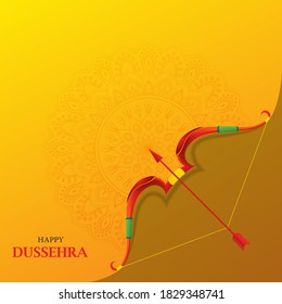 Happy Dussehra hinduism Festival of Indian Vector Background with Colorful bow and arrow on Orange Mandala Background .