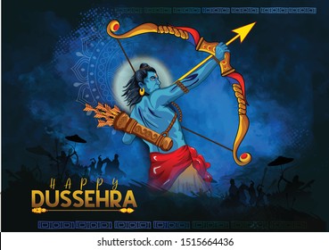 Happy dussehra illustration of Bow and Arrow of Rama in festival of India background