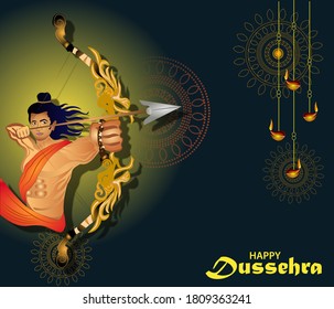 Happy dussehra illustration of Bow and Arrow of Rama in festival of India background