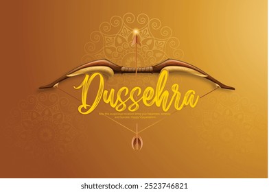 Happy Dussehra, illustration of a bow and arrow, symbolizing Dussehra, with a message of victory and triumph.