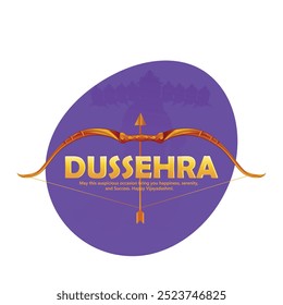 Happy Dussehra, illustration of a bow and arrow, symbolizing Dussehra, with a message of victory and triumph.