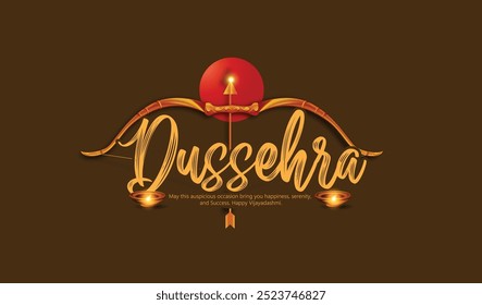 Feliz Dussehra, ilustração de um arco e flecha, simbolizando Dussehra, com uma mensagem de vitória e triunfo.