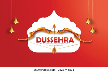 Happy Dussehra, illustration of a bow and arrow, symbolizing Dussehra, with a message of victory and triumph.