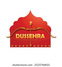 Happy Dussehra, illustration of a bow and arrow, symbolizing Dussehra, with a message of victory and triumph.