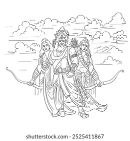 Ilustração feliz dussehra de Arco e Seta de Rama e lakshman e ravana no centro para um dusshera festival ilustrações.