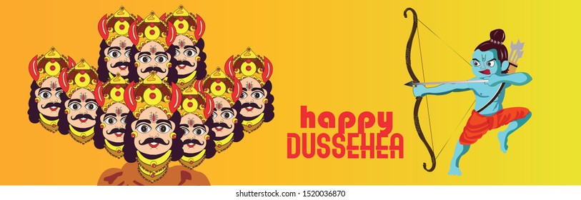 happy Dussehra illustration of Lord Rama with bow arrow killing Ravan Dussehra festival of India 