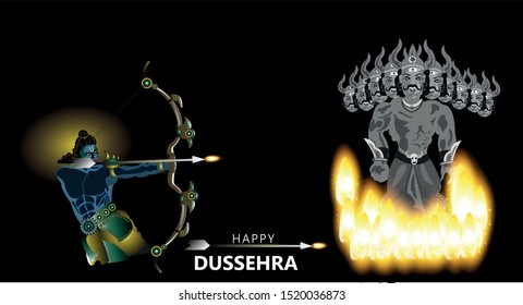 happy Dussehra illustration of Lord Rama with bow arrow killing Ravan Dussehra festival of India 
