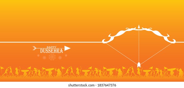 Happy Dussehra Indian Festival With Bow, Arrow And War Scene Of Ramayan Design Background Vector Illustration.