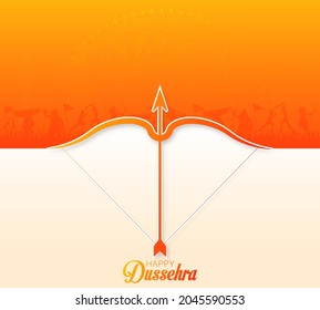 Happy Dussehra Indian festival with bow, arrow and war scene of Ramayan, vector illustration.