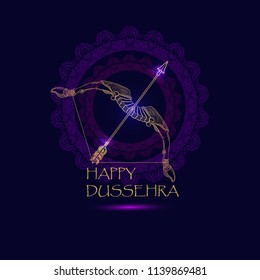 Happy Dussehra Indian festival. Greeting card with white hand drawn bow, arrow and golden mandala isolated on dark background. Vector illustration.