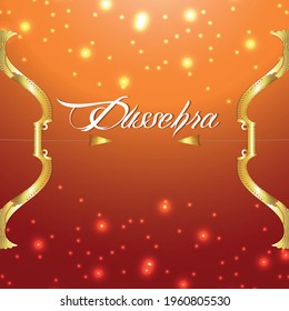 Happy dussehra indian festival invitation greeting card with Golden bow on orange background