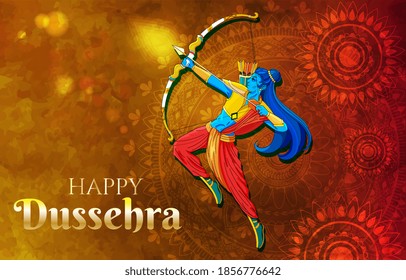 Happy Dussehra Indian holiday template, postcard, banner. Vijayadashami or Dussehra is Hindu festival celebrated at end of Navaratri every year. Lord Rama killing Ravana. Vector illustration