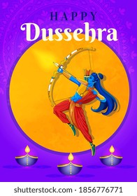 Happy Dussehra Indian holiday template, postcard, banner. Vijayadashami or Dussehra is Hindu festival celebrated at end of Navaratri every year. Lord Rama killing Ravana. Vector illustration