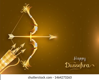 Happy Dussehra invitation card or poster design with 3d illustration of bow and arrows quiver on golden background.