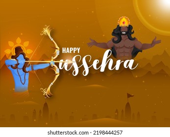 Happy Dussehra Lettering With Lord Rama Taking An Aim Against Demon King Ravana And Lights Effect On Copper Silhouette Ayodhya View Background.