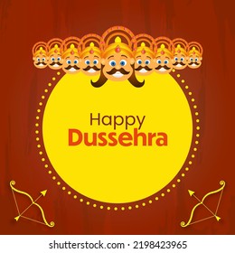 Happy Dussehra Lettering With Ten Head Of Demon King Ravana, Archer Bow On Yellow And Brown Texture Background.