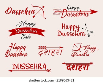 Happy Dussehra Navratri festival of India. Vector typography set with hindi text meaning Dussehra, bows and arrows for banner, logo, poster design. Hindu holiday Vijayadashami.