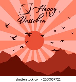 Happy Dussehra Navratri festival of India. Vector beautiful landscape with rising sun over the mountains, text Happy Dussehra for banner, logo, poster, wallpaper design. Hindu holiday Vijayadashami.