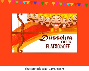 Happy Dussehra Offer Background Design With Ten Heads Ravana.