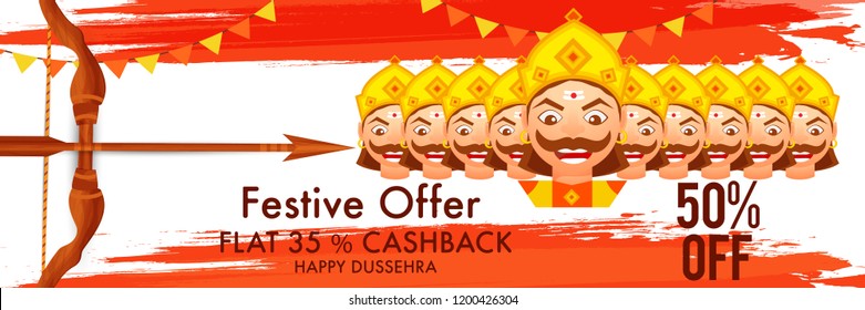 Happy Dussehra Offer Background Design With Ten Heads Ravana.