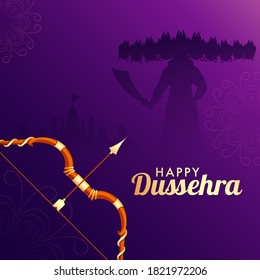 Happy Dussehra Poster Design with Archery Or Bow and Silhouette Demon Ravana Holding Sword on Purple Background.