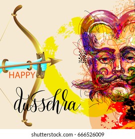 happy dussehra poster design with a portrait of a demon who will be destroyed by the god krishna, abstract painting vector illustration