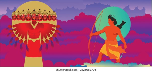 Feliz Dussehra, festival Ram Navami da Índia. ravana do Senhor Rama com arco e seta. design de ilustração vetorial