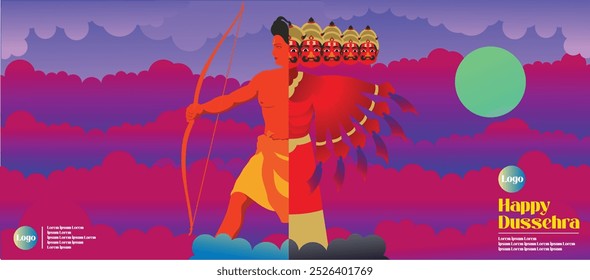 Feliz Dussehra, festival Ram Navami da Índia. ravana do Senhor Rama com arco e seta. vetor ilustração nuvem