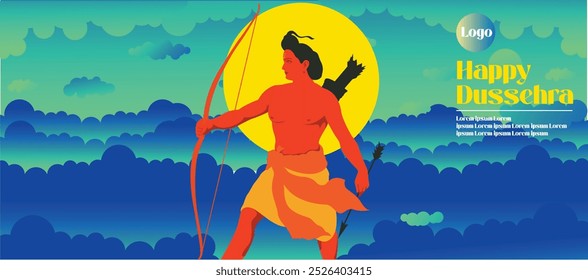 Feliz Dussehra, festival Ram Navami da Índia. ravana de Lord Rama com arco e seta. ilustração vetorial design de nuvens