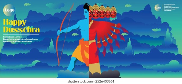 Feliz Dussehra, Ram e ravan Navami festival da Índia. ravana de Lord Rama com arco e seta. vetor nuvem design