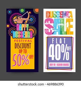 Happy Dussehra Sale with Flat Discount Offer, Creative website banner set, Colourful abstract background for Indian Festival celebration.