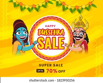 Happy Dussehra Sale Poster Design with 70% Discount Offer, Cheerful Lord Rama and Demon Ravana Character on Yellow Brush Stroke Background.