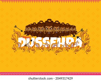 Happy Dussehra Text With Demon Ravana Face And Line Art Firing On Dark Yellow Background.