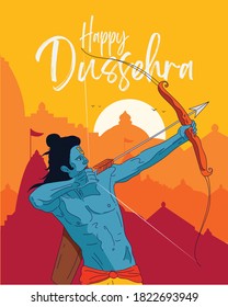 Happy Dussehra text with illustration of Lord Rama bow arrow and temple backround  