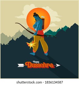 Happy Dussehra text with an illustration of Lord Rama bow arrow and temple background for Indian festival Dussehra.