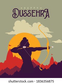 Happy Dussehra text with an illustration of Lord Rama bow arrow and temple background for Indian festival Dussehra.