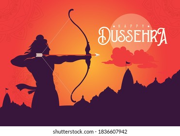 Happy Dussehra text with an illustration of Lord Rama bow arrow and temple background for Indian festival Dussehra.