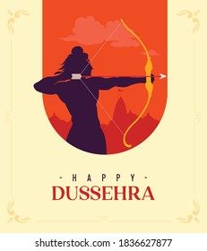 Feliz texto de Dussehra con una ilustración de la flecha de arco de Lord Rama y el fondo del templo para el festival indio Dussehra.