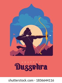 Happy Dussehra text with an illustration of Lord Rama bow arrow and temple background for Indian festival Dussehra